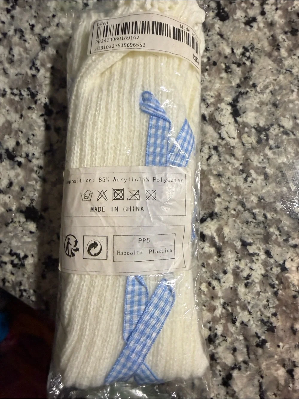 Kawaii Off White Ribbed Leg Warmers with Blue Gingham Ribbon (NWT)